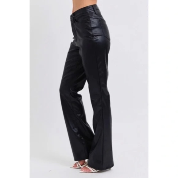 JUDY BLUE New Fall 24! Black High Waist Tummy Control Faux Leather Bootcut Pants - Picture 4 of 5